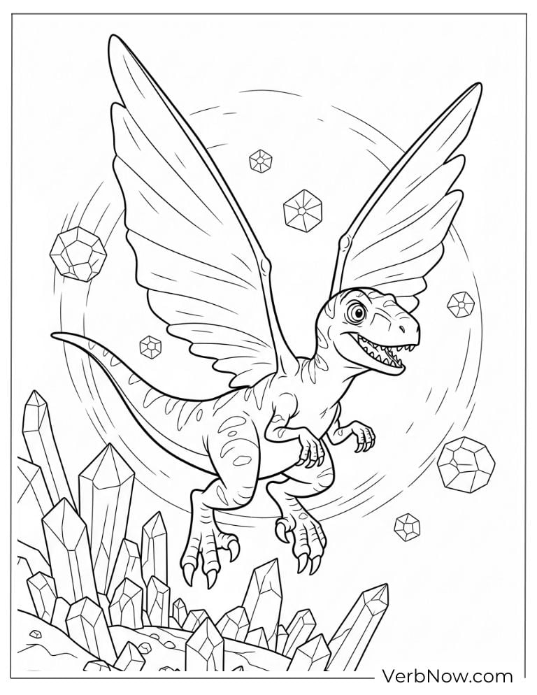 Winged velociraptor flying above crystals