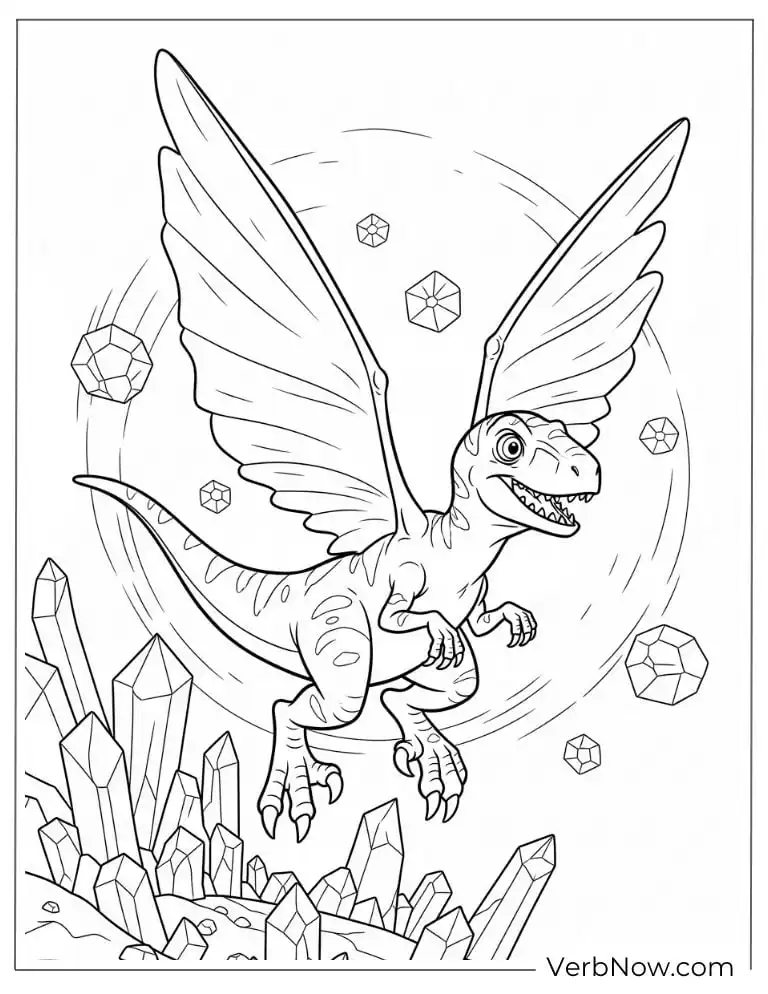 Winged velociraptor flying above crystals