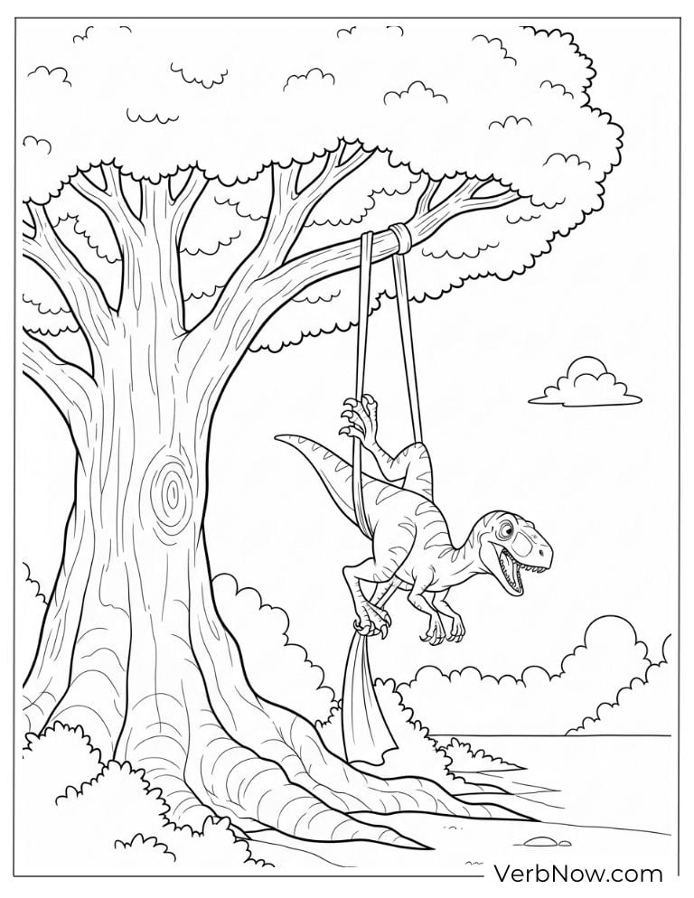 Velociraptor swinging from a tree branch