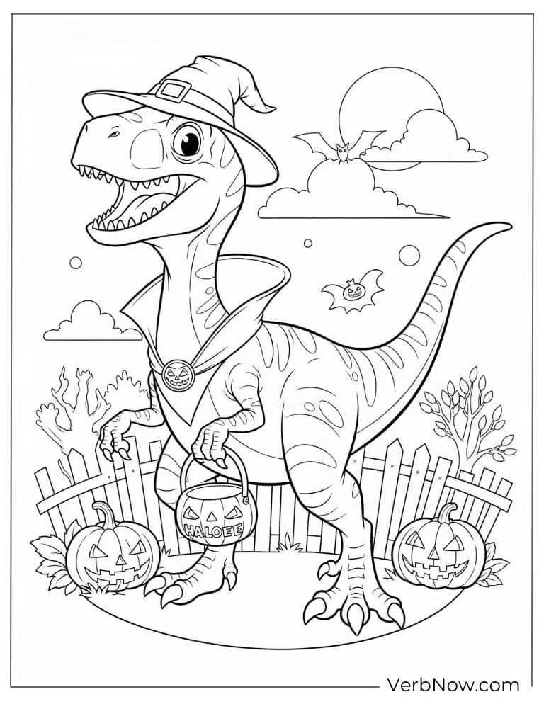 Velociraptor dressed for Halloween holding a pumpkin