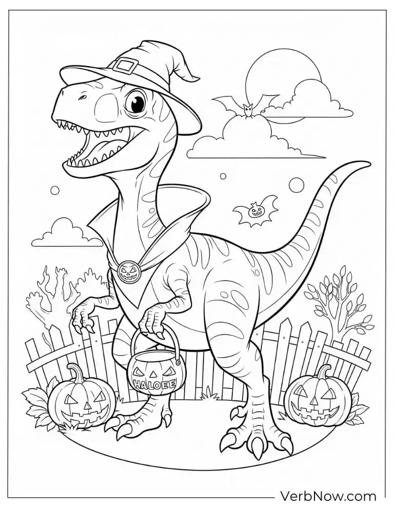 Velociraptor dressed for Halloween holding a pumpkin