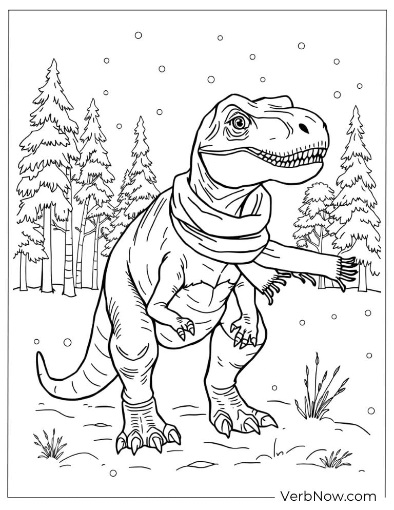 Velociraptor wearing a scarf in a snowy forest