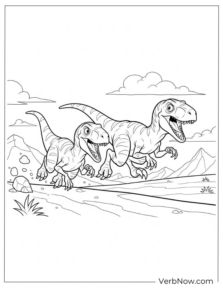Two velociraptors running together in the wild