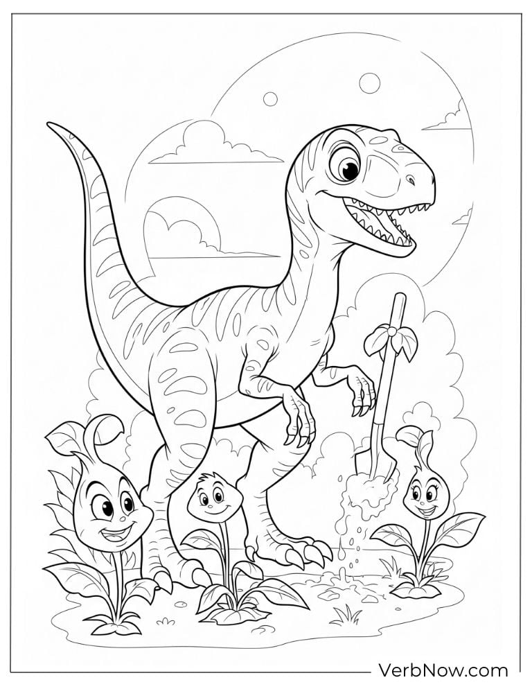 Velociraptor with baby dinosaurs near a rocket