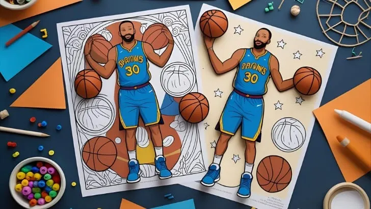 NBA basketball player coloring page illustration with athlete holding basketball