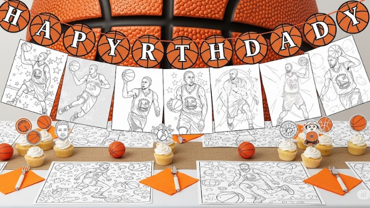 Golden State Warriors sports coloring pages with NBA player fan art and birthday decorations