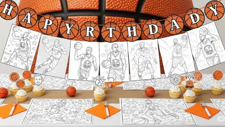 Golden State Warriors sports coloring pages with NBA player fan art and birthday decorations