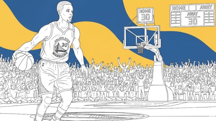 NBA basketball coloring page showing Golden State Warriors player in action pose with cheering fans