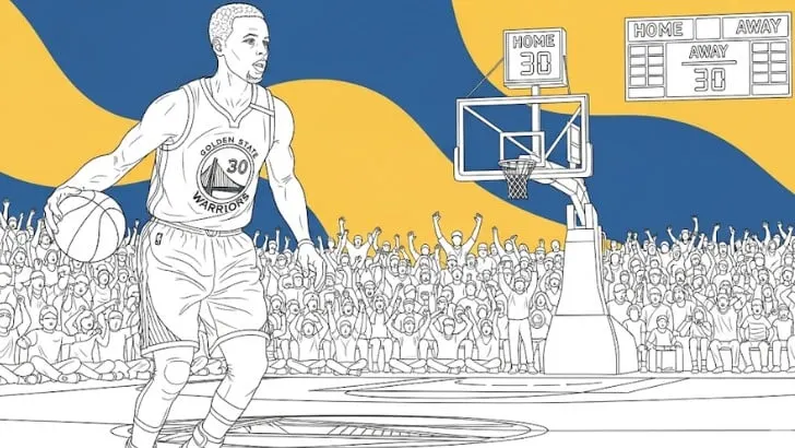 NBA basketball coloring page showing Golden State Warriors player in action pose with cheering fans