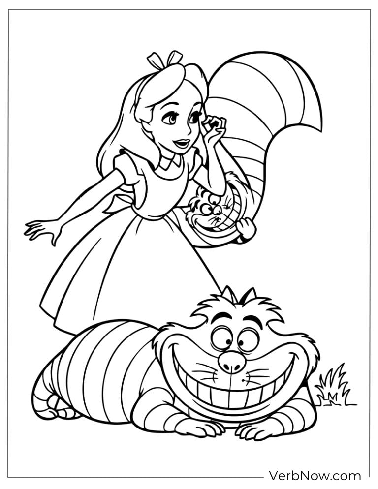 Alice kneeling beside the Cheshire Cat in the grass