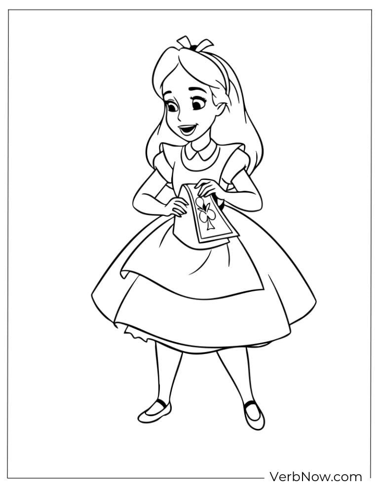 Alice looking curiously at a card in her hands