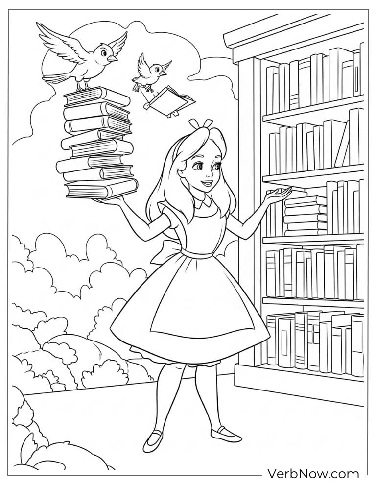 Alice surrounded by books and flying doves