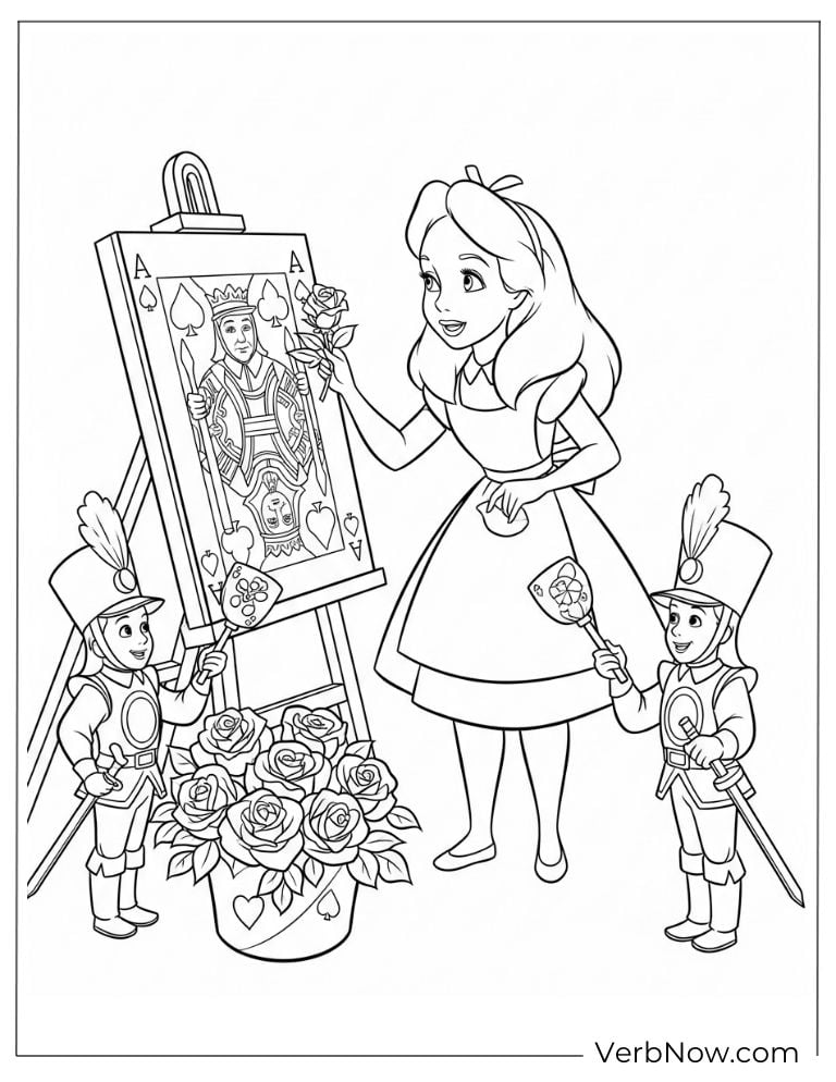 Alice painting a picture on an easel with toy soldiers nearby