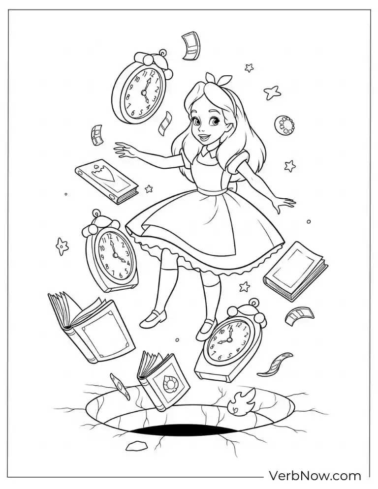 22 Free Alice in Wonderland Coloring Pages (Printable PDF) Alice falling surrounded by clocks and books