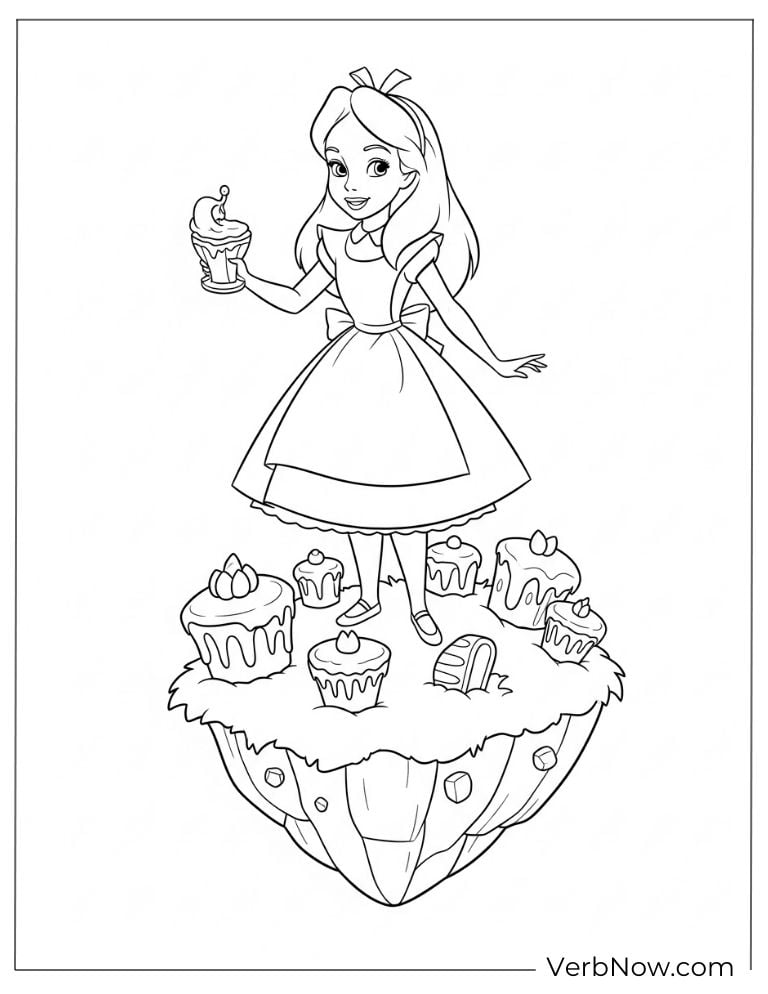 Alice standing on a floating island with cupcakes