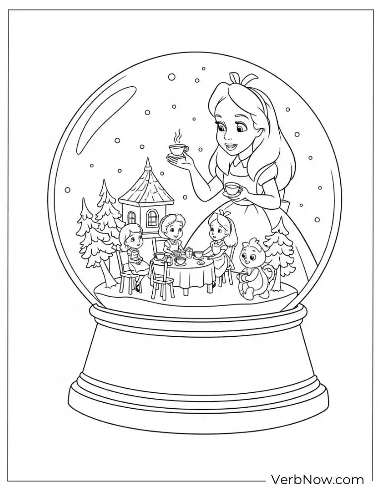 Alice inside a magical snow globe scene