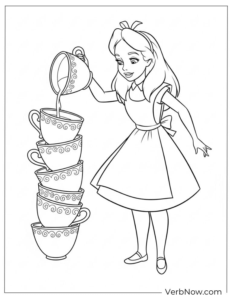 Alice pouring tea into a tall stack of cups