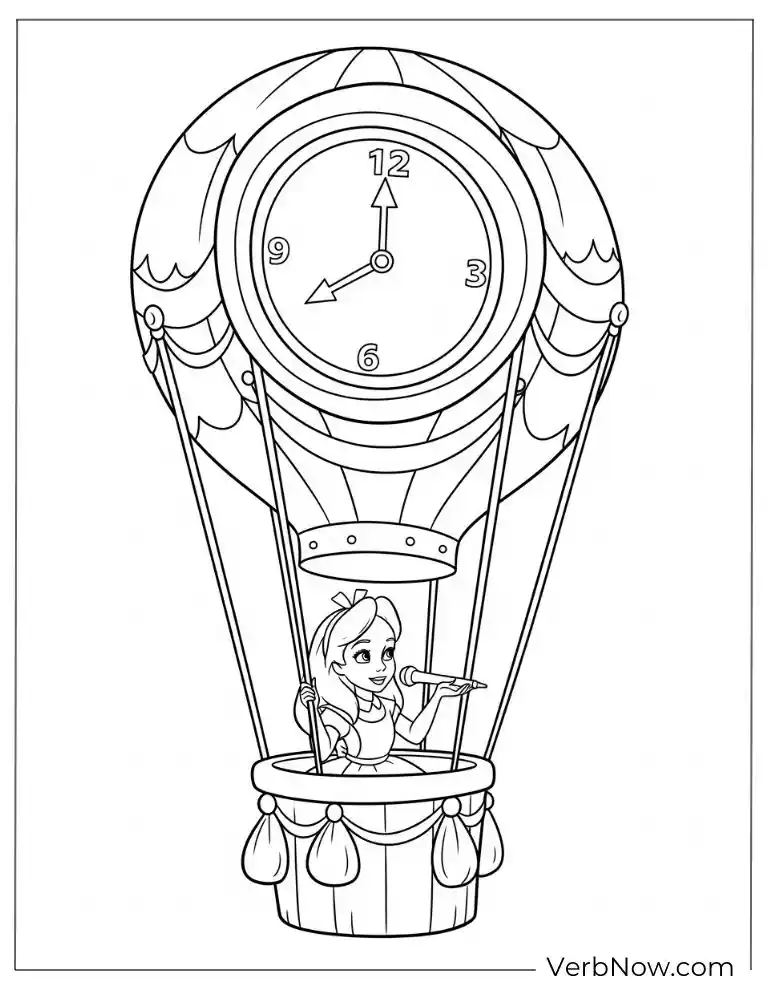 Alice riding in a hot air balloon shaped like a clock