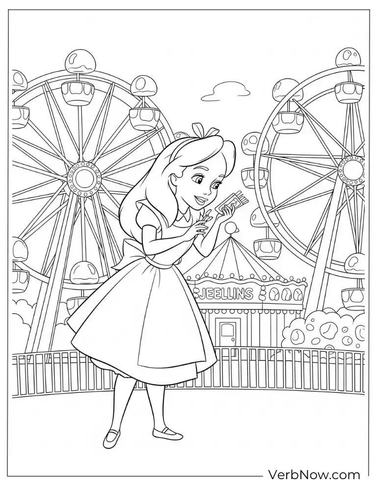 Alice exploring near a Ferris wheel at Wonderland’s fair