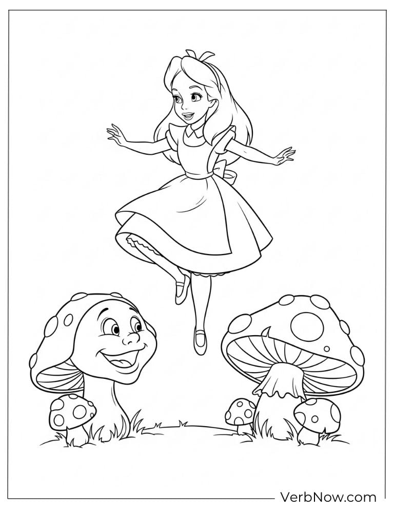 Alice standing with two talking mushrooms