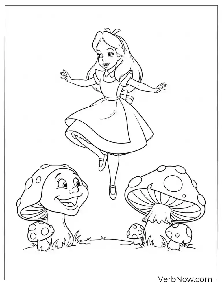 Alice standing with two talking mushrooms
