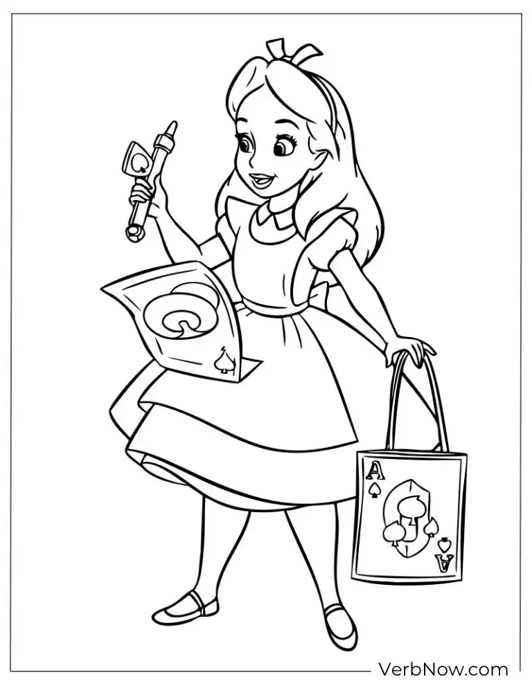 Alice holding a tea set and a bag with card symbols