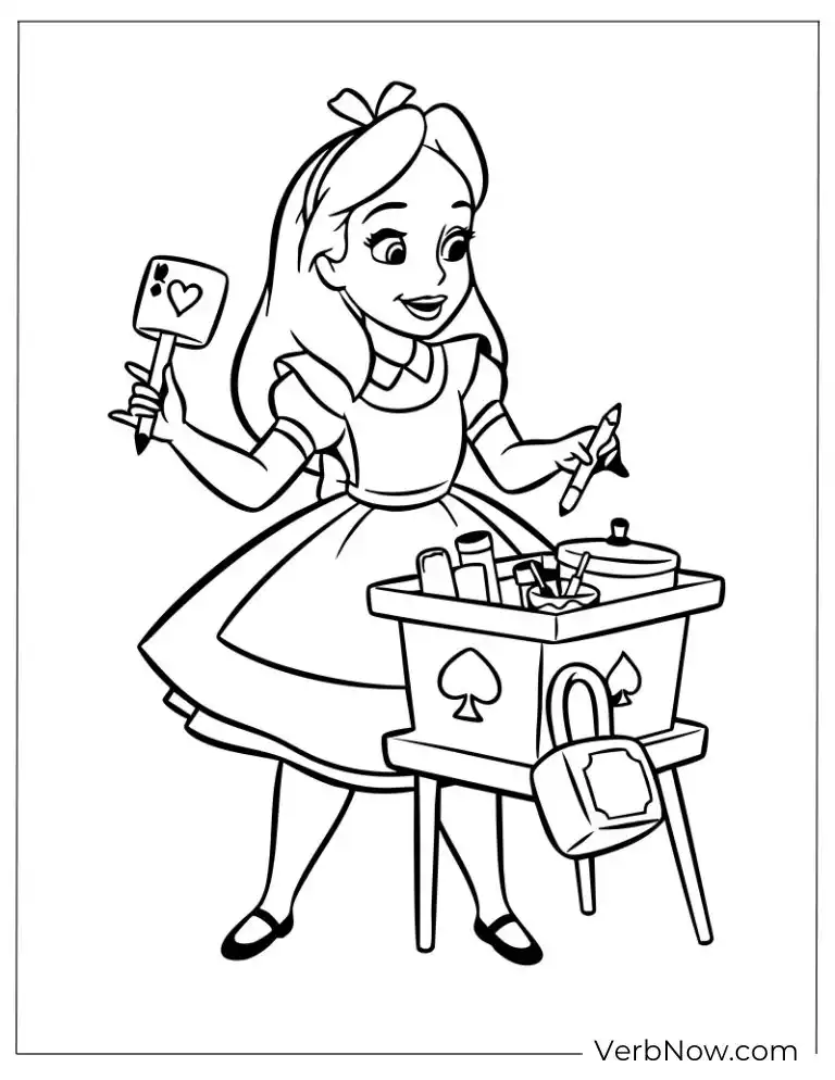 Alice standing by a small table with teacups and a card