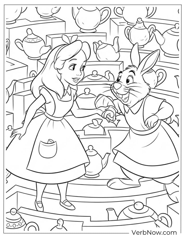 Alice chatting with the White Rabbit in a tea room