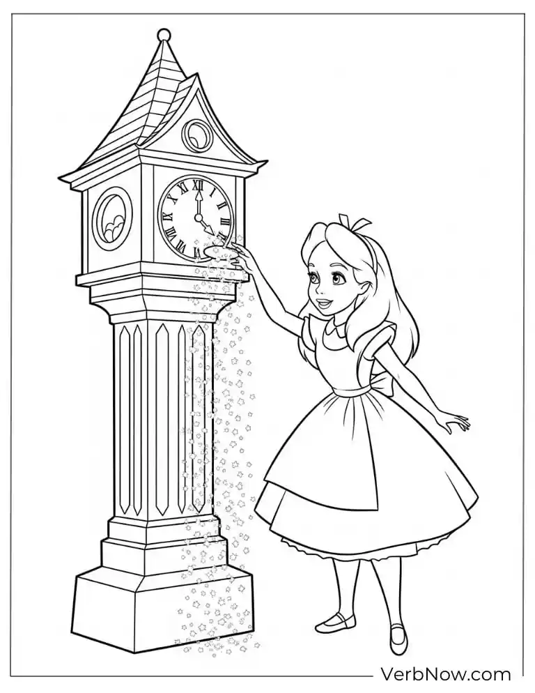 Alice pointing at a tall clock tower