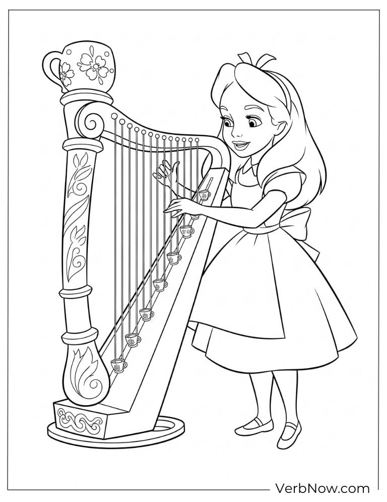 Alice happily playing a large harp