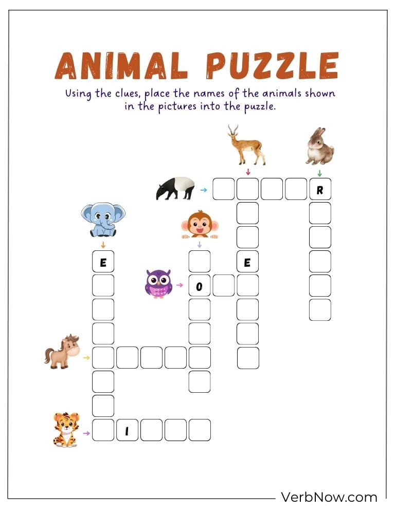 Animal crossword puzzle for kids