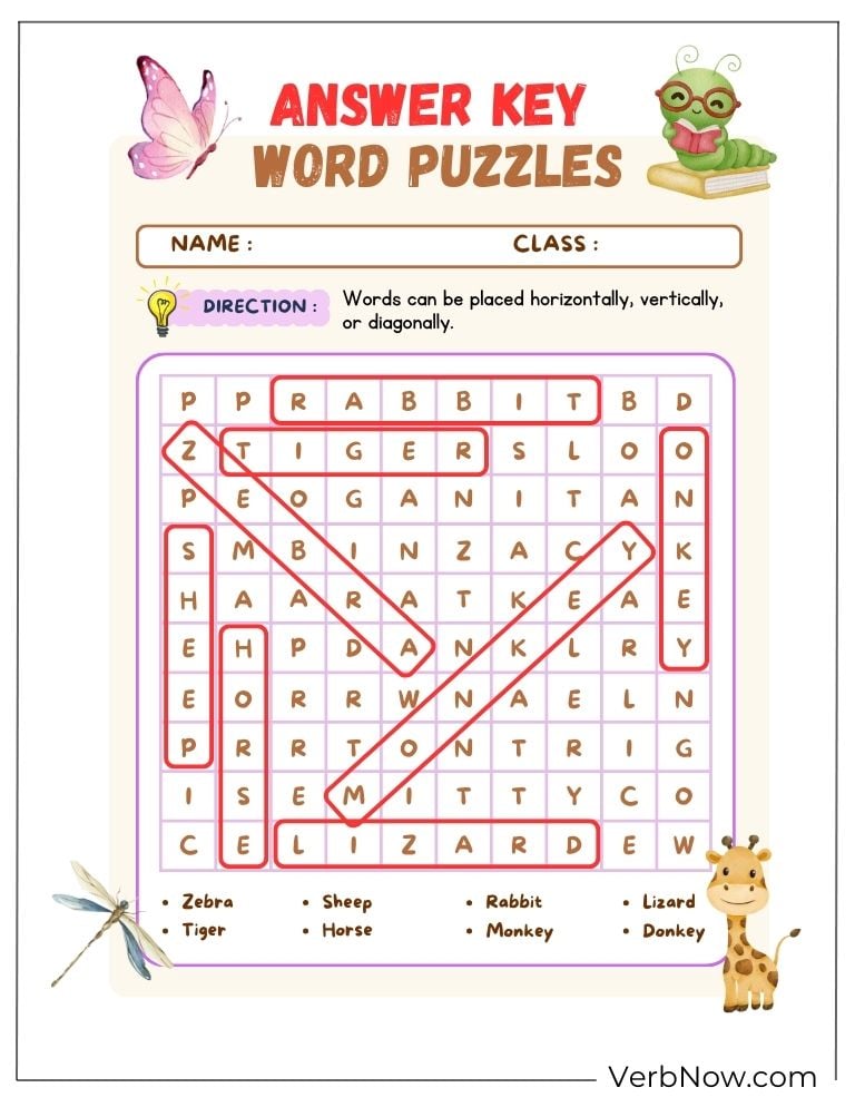 Answer key for an animal word search puzzle
