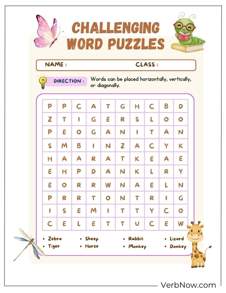 Animal word search puzzle with hidden words