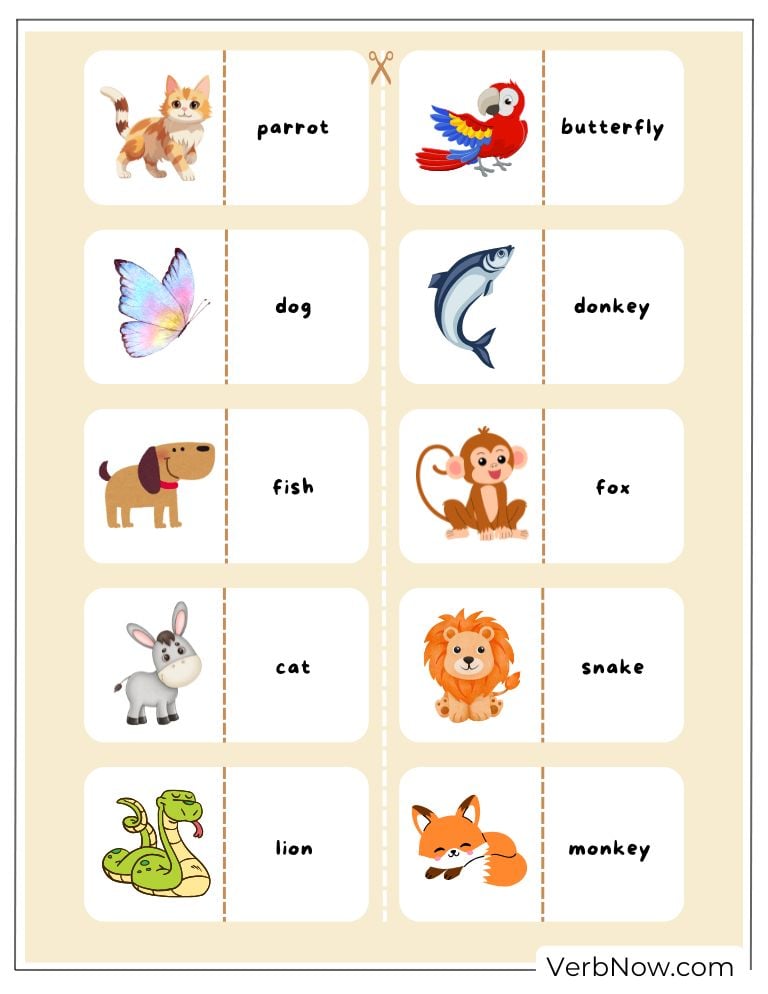 Animal matching cards with pictures and names (parrot, lion, monkey,...)