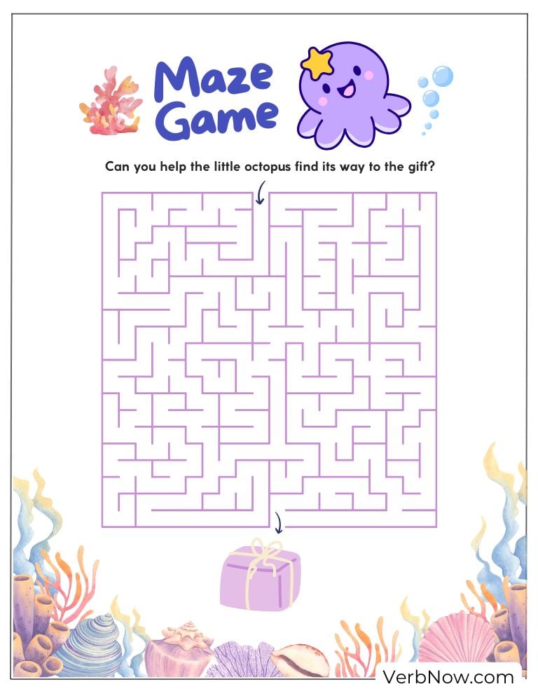 Maze game where kids help the octopus find the gift