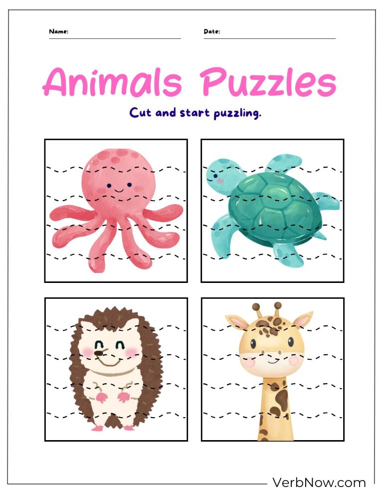 Animal picture puzzles to cut and solve (octopus, turtle, hedgehog, giraffe)