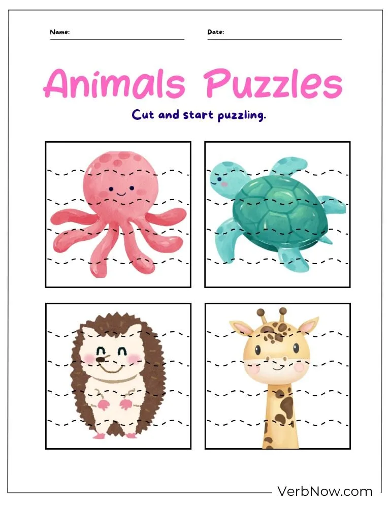 10+ Free Animal Puzzles for a Fun Learning (Printable PDF) Animal picture puzzles to cut and solve (octopus, turtle, hedgehog, giraffe)