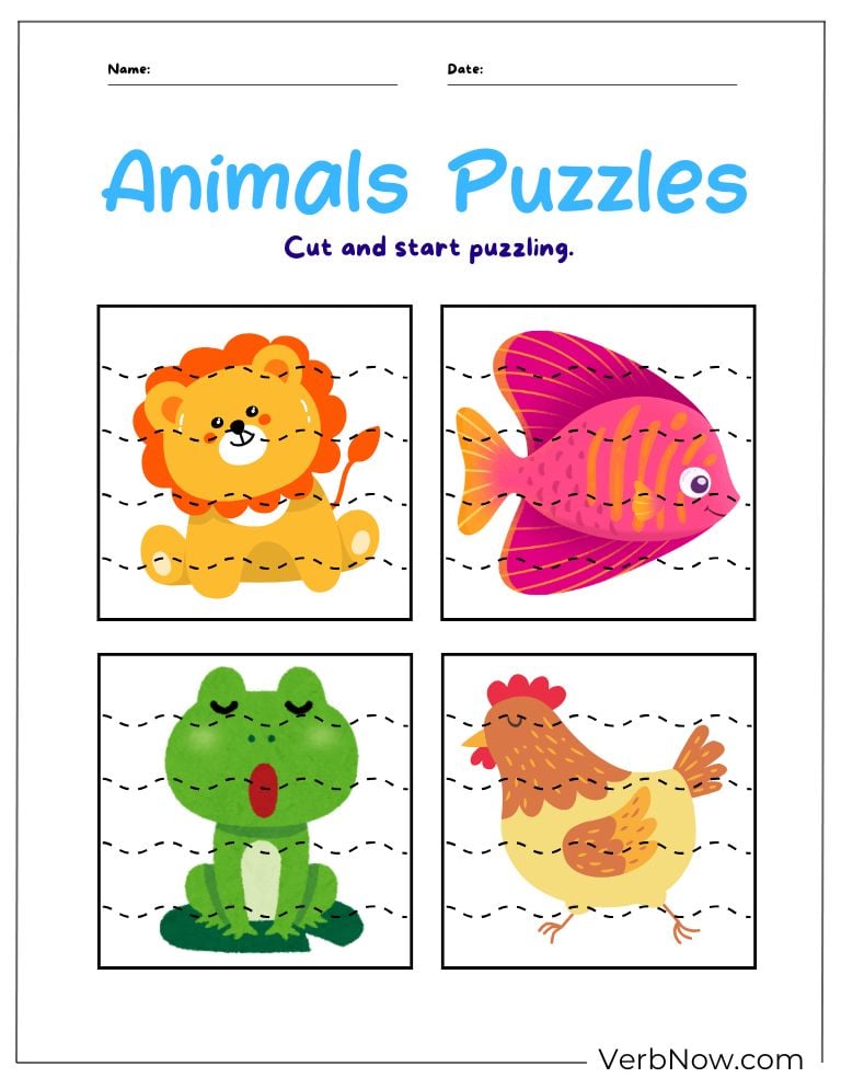 More animal picture puzzles to cut and solve (lion, fish, frog, chicken)