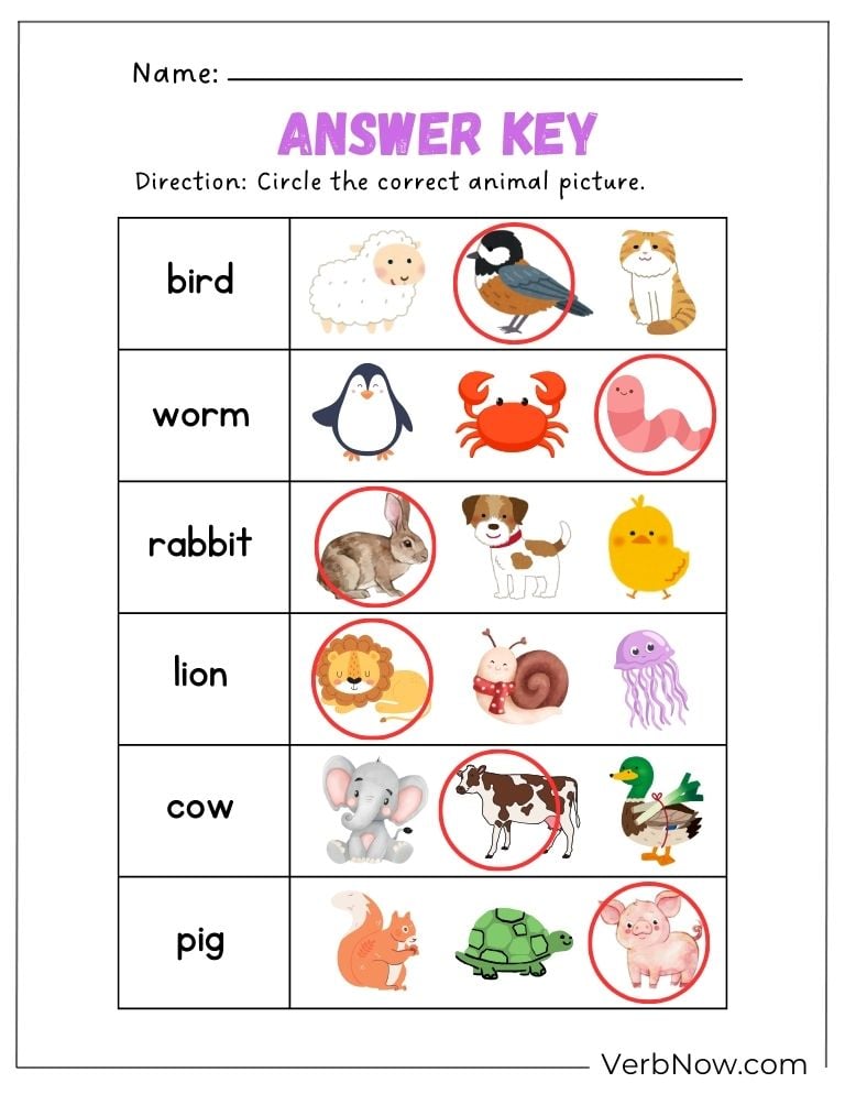 Answer key for circling the correct animal pictures