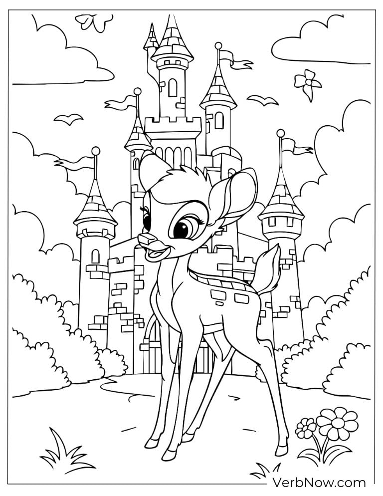 Bambi standing proudly in front of a castle.