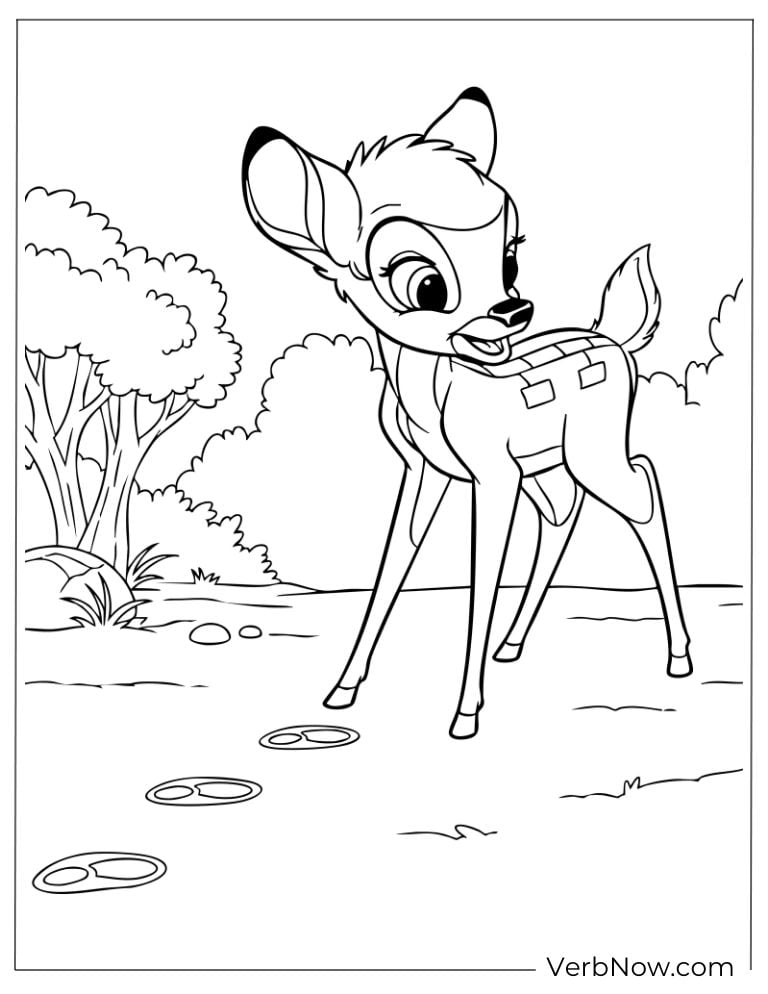 Bambi walking on grassy ground with trees behind.