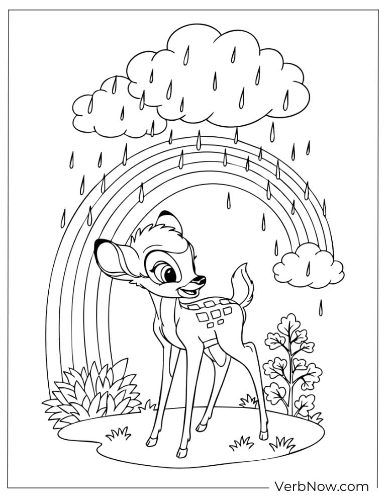Bambi under rain with a rainbow overhead.