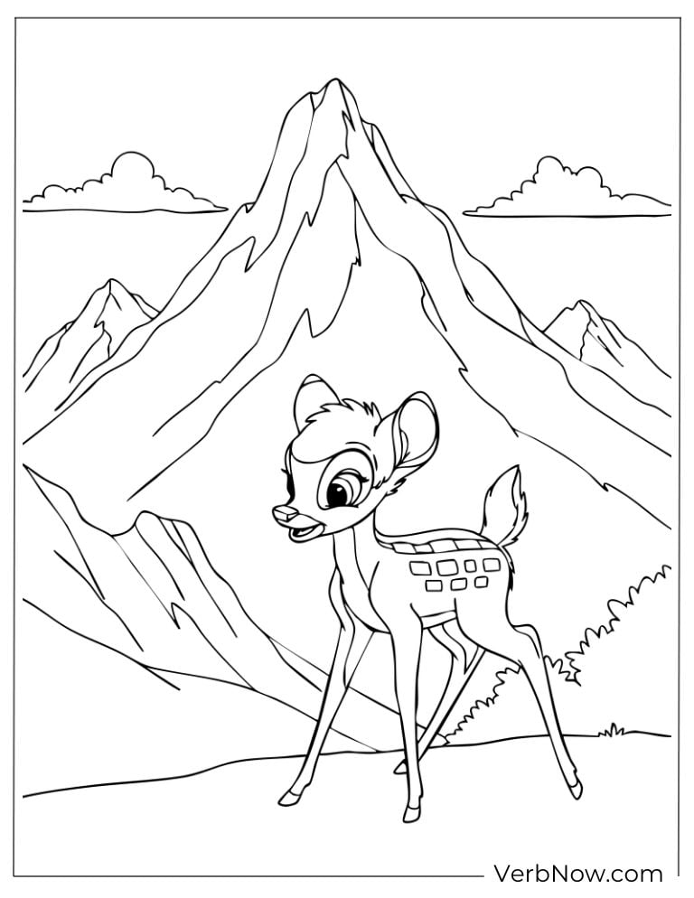Bambi exploring near tall mountains.