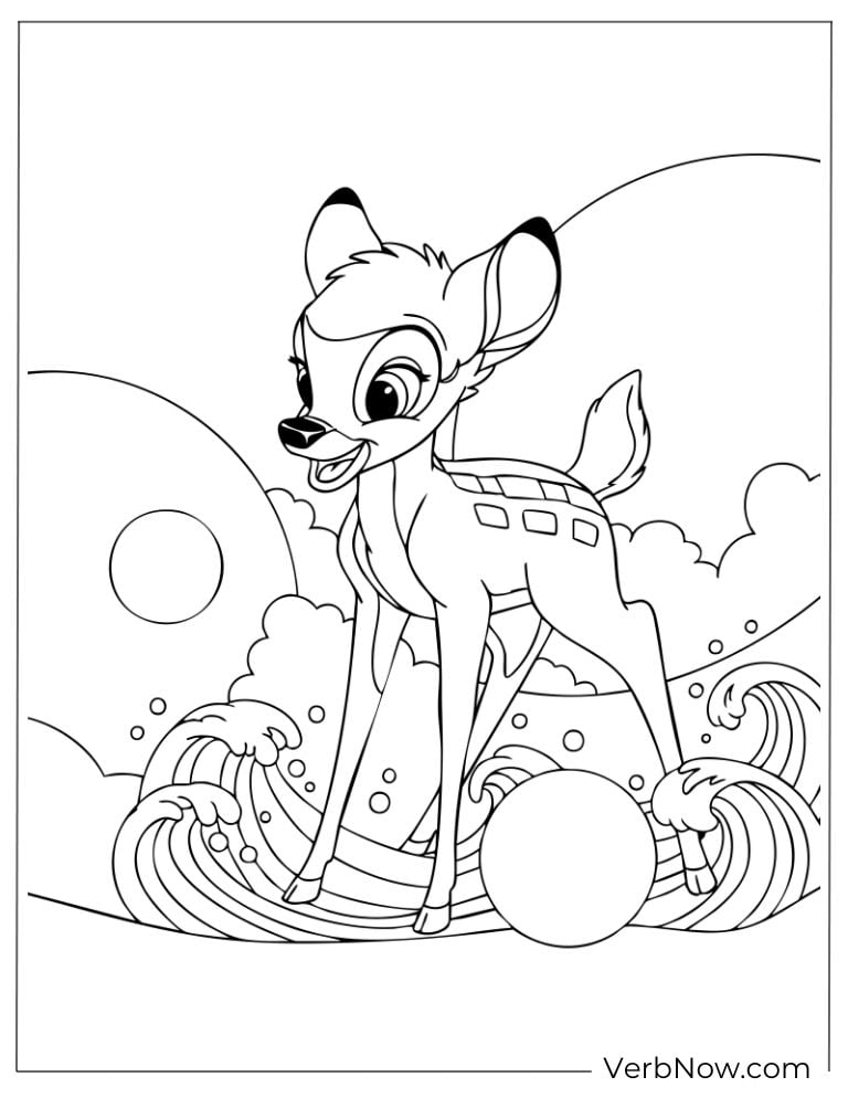 Bambi standing among circles and playful shapes.
