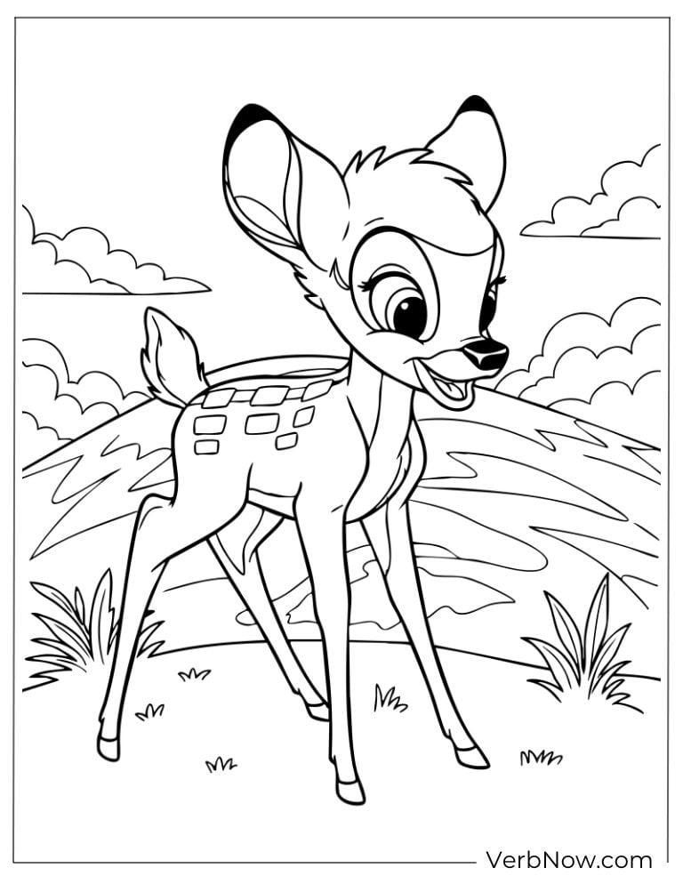 Bambi walking in the meadow with clouds above.