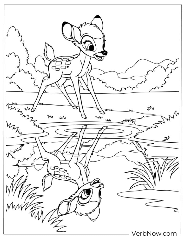 Bambi gazing at his reflection in a pond.