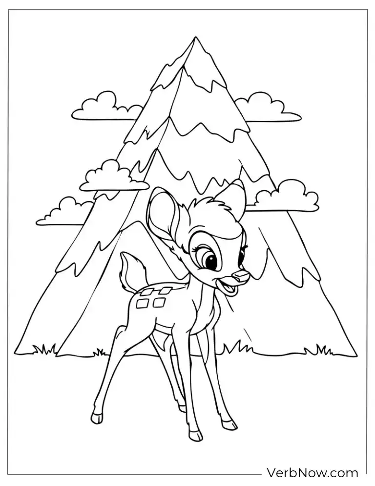 22 Free Bambi Coloring Pages for Kids (Printable PDF) Bambi with a large mountain in the background.