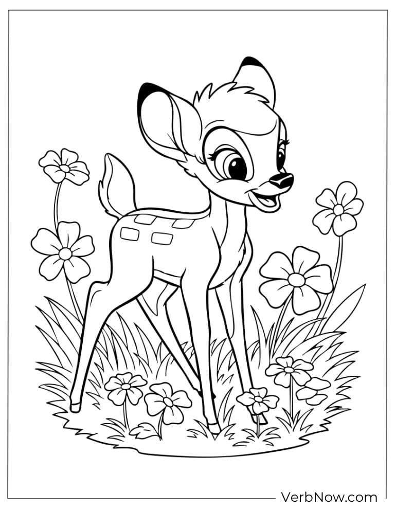 Bambi surrounded by blooming flowers.