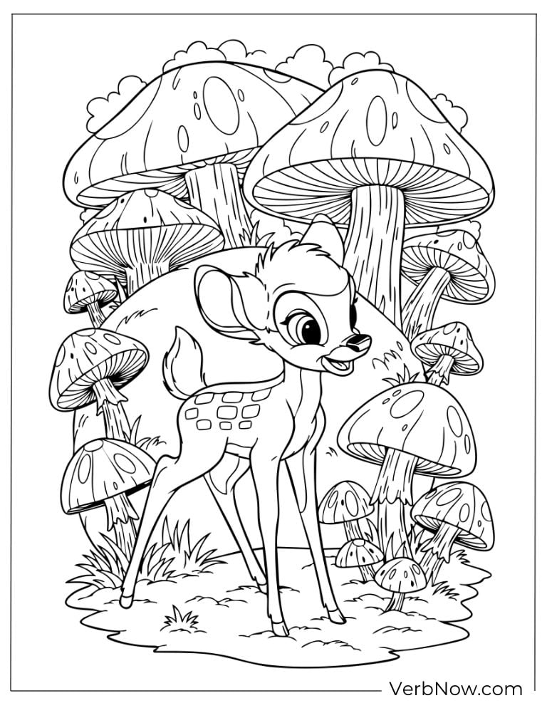 Bambi exploring a forest with giant mushrooms.