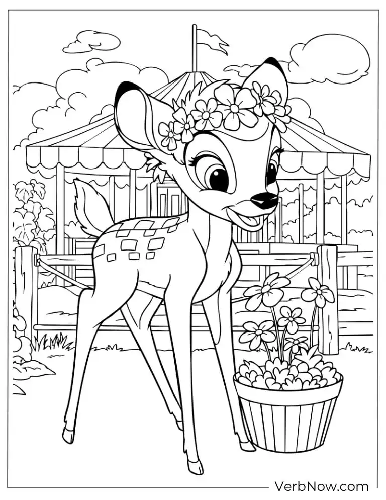 Bambi standing near a garden with flowers and a basket.